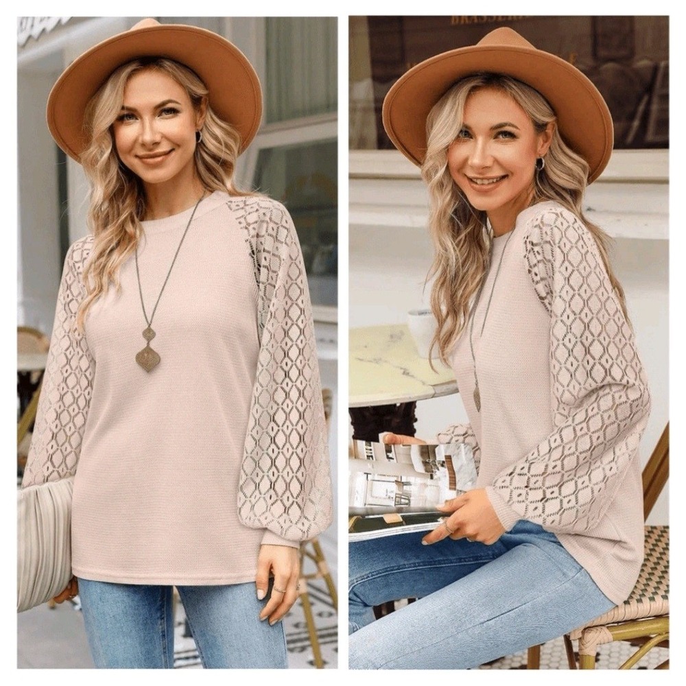 R#47 MIHOLL‎ Womens Long Sleeve Lace Shoulder Waffle Knit Top XL Beige